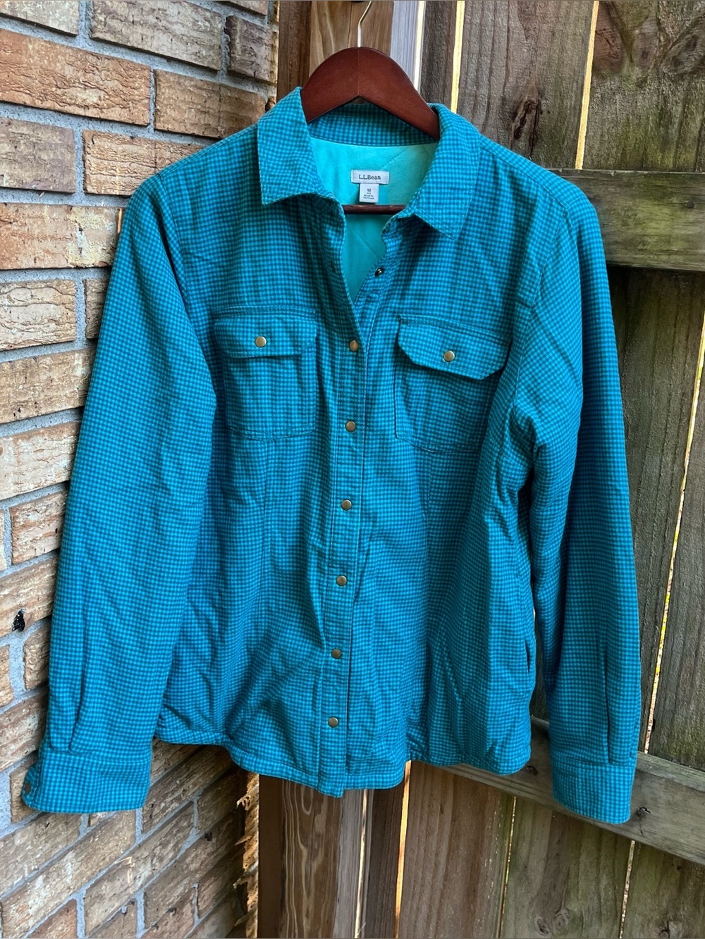 L.L. Bean Women's Teal Gingham Snap-Front Lined Flannel Jacket